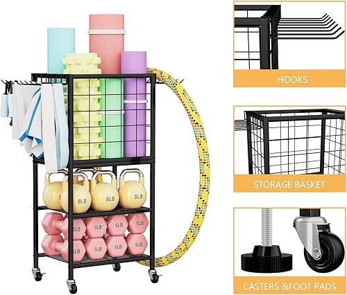 Miniatura 2 de Soporte de pesas para gimnasio en casa con ganchos de almacenamiento, organizador para mancuernas, bandas de resistencia y esterilla de yoga