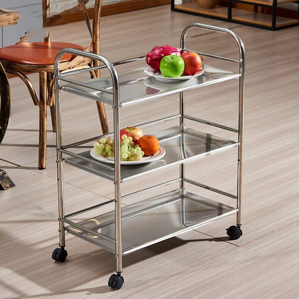 LANTUS Carrello Multiuso Patira in Metallo Cromato 3 Ripiani, con Ruote Carrello da Cucina a 3 Ripiani, in Acciaio Inox,Carrello da Pranzo in Acciaio Inossidabile a Tre Strati in Acciaio Inossidabile