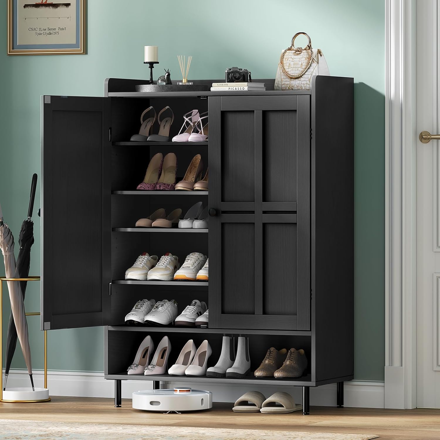 Shoe Storage Cabinet with 2 Doors, 6-Tier Shoe Cabinet with 3 Adjustable Shelves and Metal Legs, 45'' Tall Shoes Rack Organizer Cabinet for Entryway, Front Door, Black