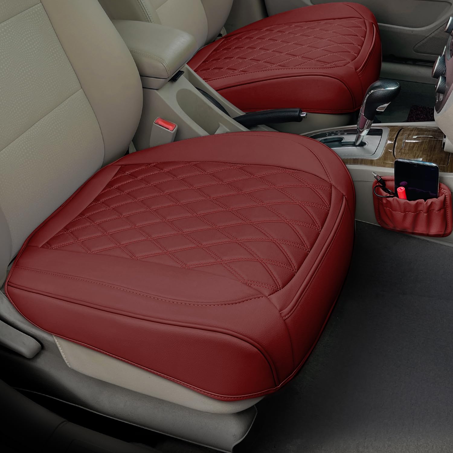 Photo 1 of 2 Pack Leather Front Car Seat Cover Bottom Car Seat, Anti-Slip and Full Wrap Driver Car Seat Protectors with Storage Pocket, Luxury Waterproof Bottom Auto Seat Cushion Pad Mat for Most Vehicles(Red)