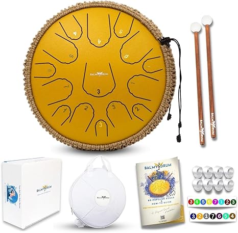 The Balmy Drum - 15 Note 14 Inch Steel Tongue Drum, Steel Drum Instrument, Drums For Children and Adults, Balmy Drum Set for Kids with Music Book, Handpan, Mallet and Carry Bag (Gold)