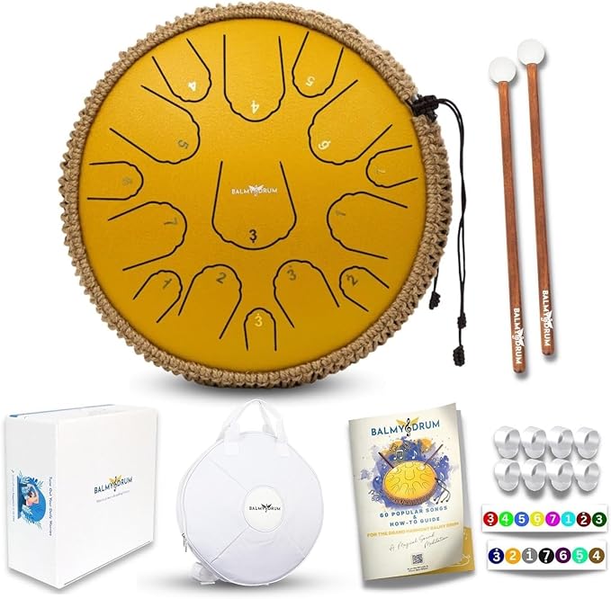 The Balmy Drum - 15 Note 14 Inch Steel Tongue Drum, Steel Drum Instrument, Drums For Children and Adults, Balmy Drum Set for Kids with Music Book, Handpan, Mallet and Carry Bag (Gold)
