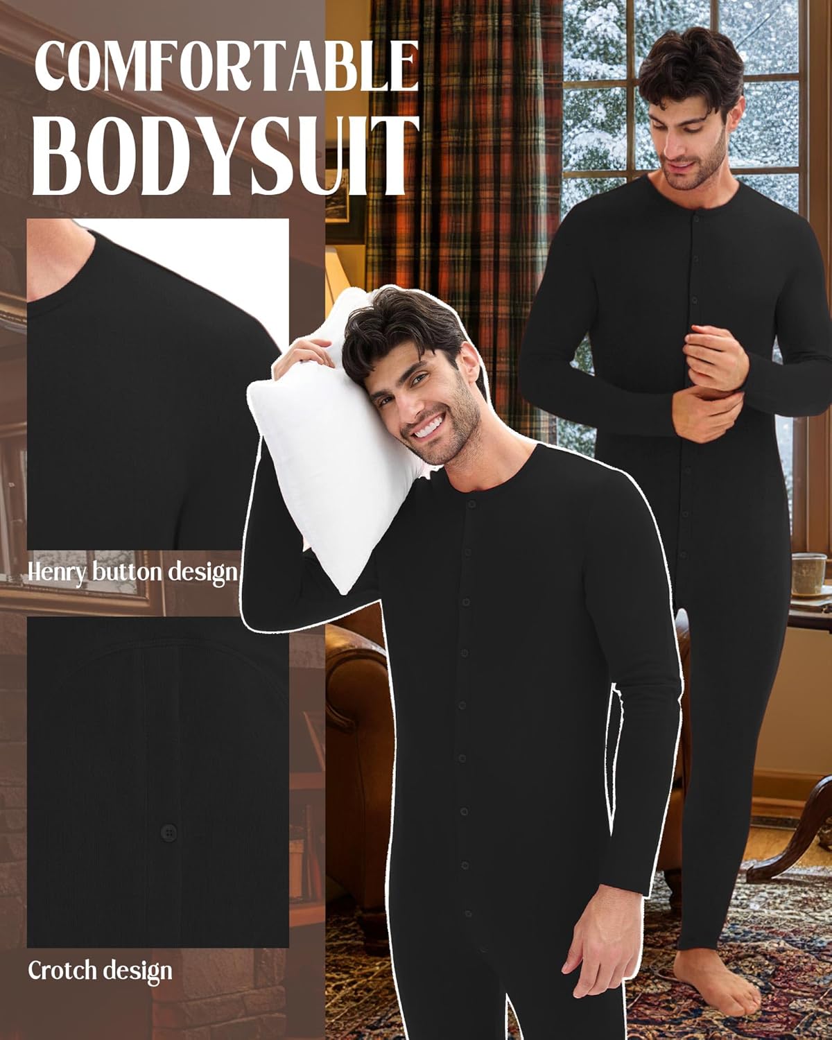 Men's Thermal Union Suits Long Sleeve One Piece Crew Neck Bodysuit Pajamas Button Down Classic Underwear - Image 2