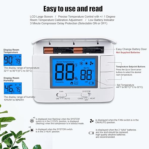 Miniatura 4 de Termostato no programable para el hogar - etapa múltiple 2H2C, con pantalla LCD grande de temperatura ambiente y humedad