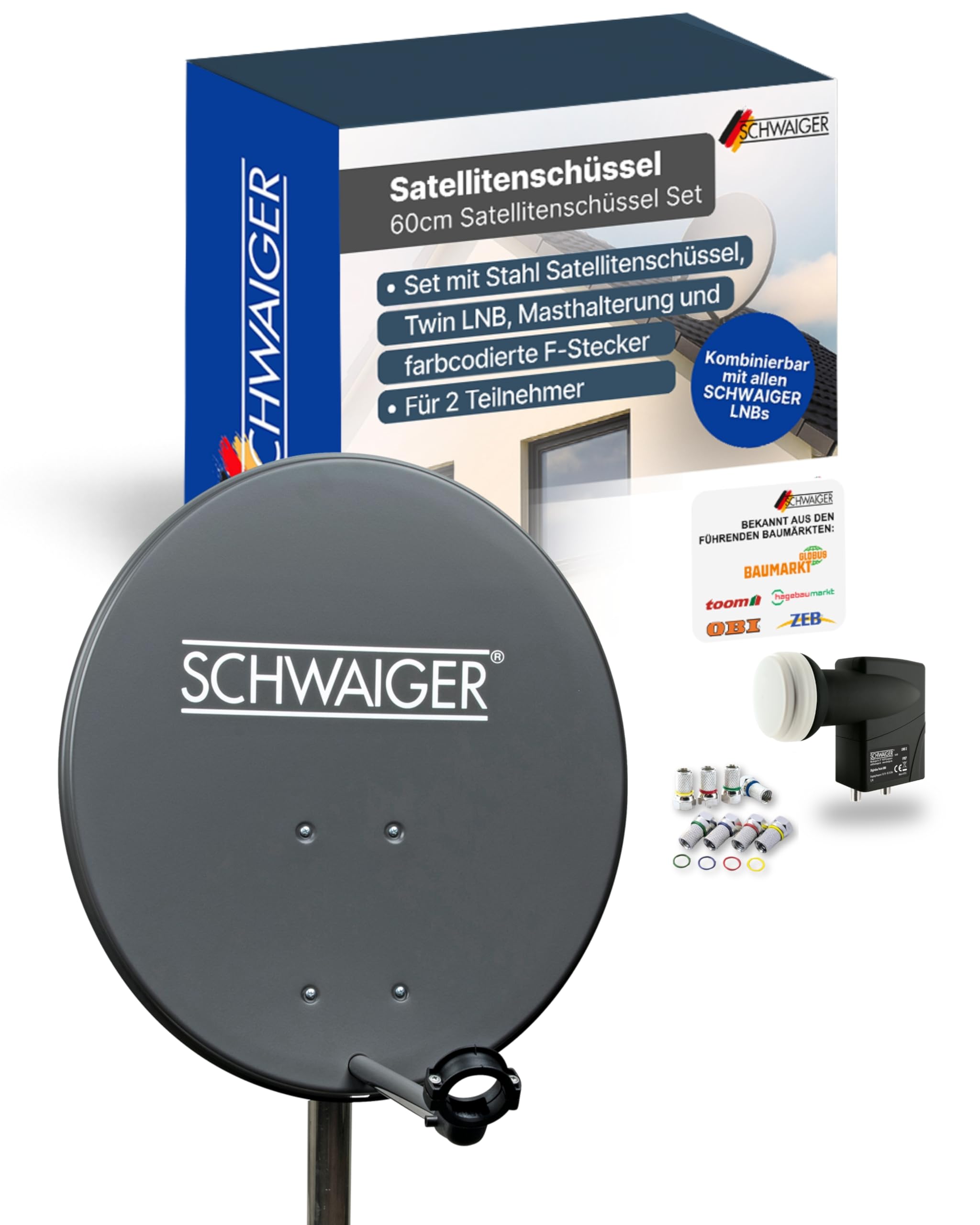 SCHWAIGER Satellitenschüssel Komplettset - Ø 60 cm Stahl Offset Antenne in Anthrazit - Inkl. sonnengeschütztes Twin LNB - Digital HD & 4K Empfang - Hitzebeständig & wetterfest