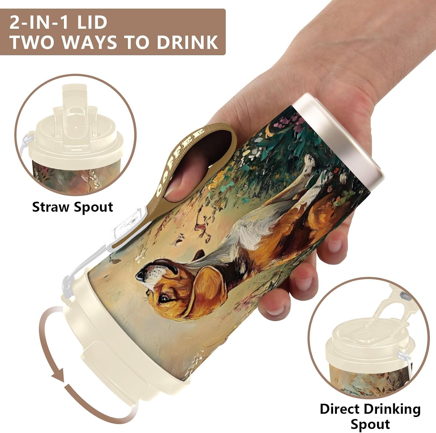 Dog Sit Garden Cute Insulated Coffee Mug with Straw & Flip Lid, 16.9oz Iced Tumbler Cup, Double Wall Vacuum Mug for Travel Office