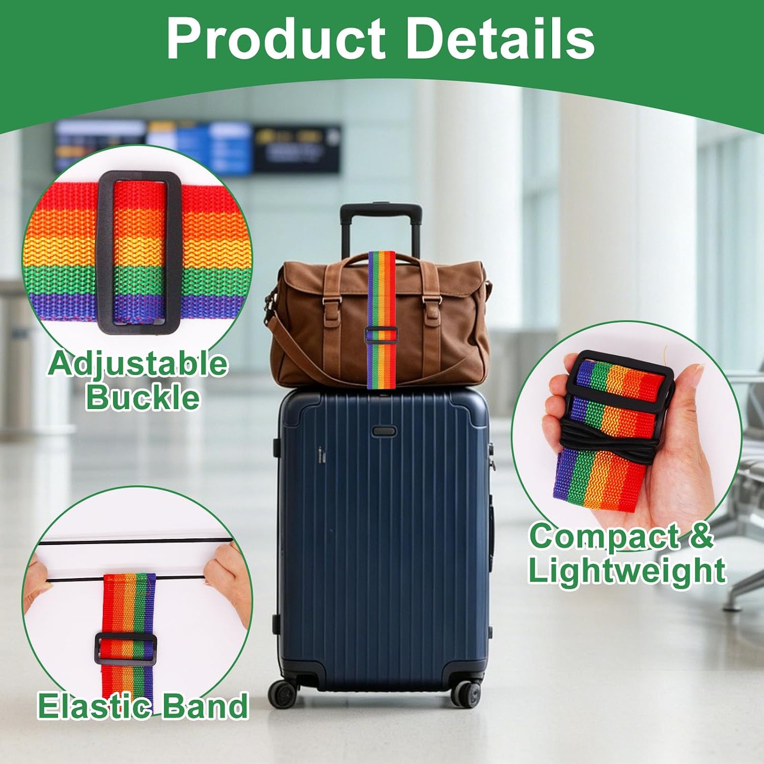 2 Pack Luggage Connector Straps for Suitcase, Multi Use Strong Adjustable Luggage Straps, Add a Bag Luggage Straps with Elastic Belt for Travel Suitcase Essential Travel Essentials (Rainbow)