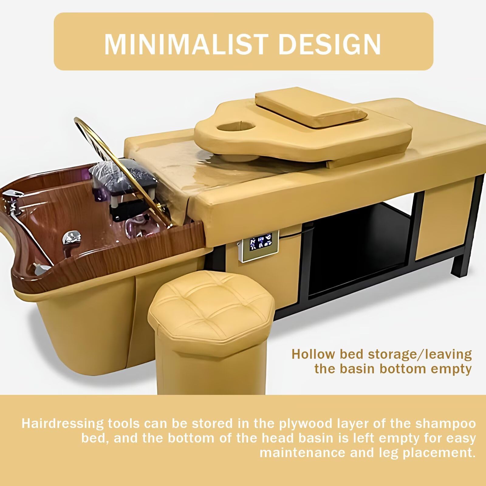 Kopfmassageliege, minimalistisches Design in Gelb, professionelle Ausstattung mit Wasserkreislauf, Desinfektion, viel Stauraum, inklusive Hocker