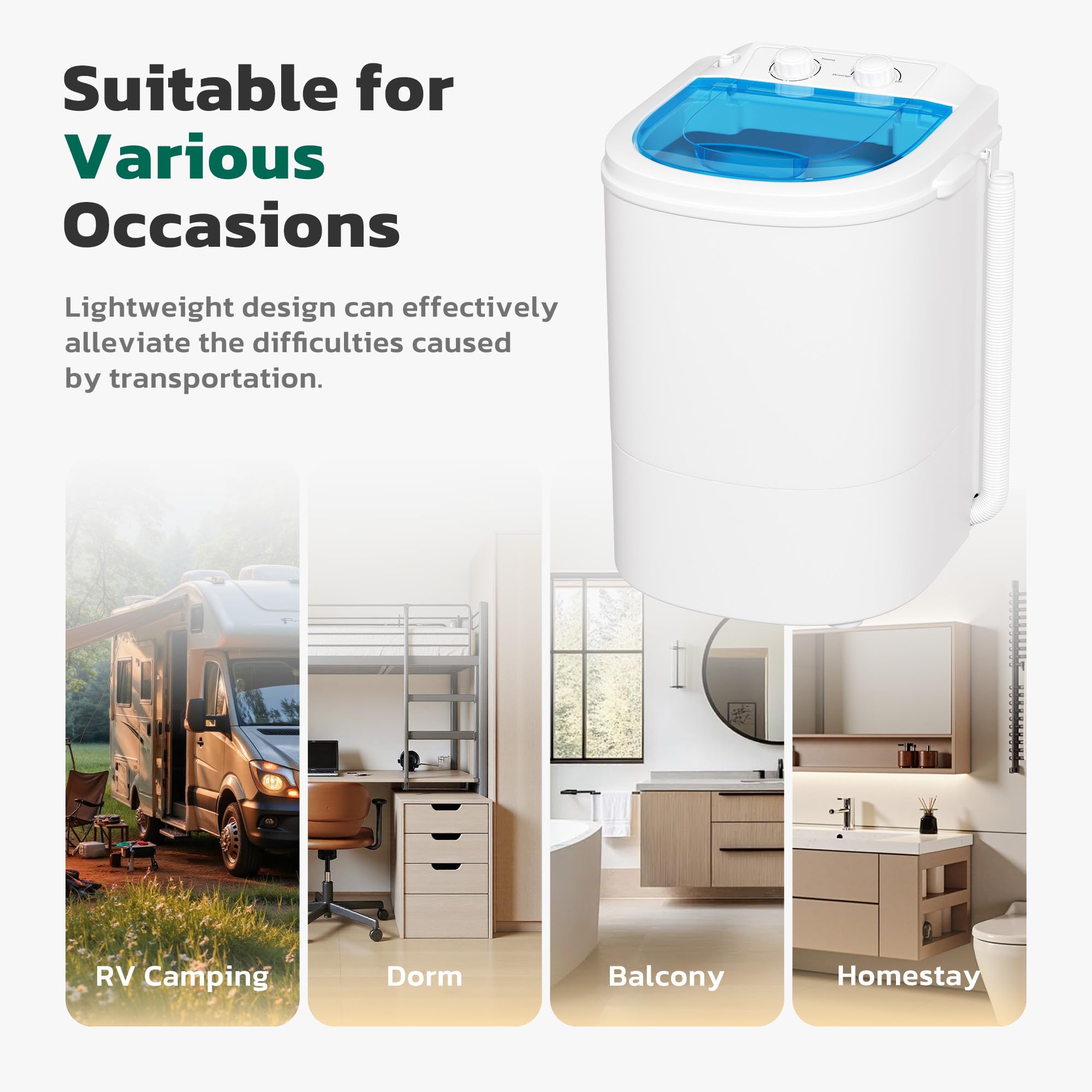 Greenvelly - Lavadora portátil, lavadora pequeña con cesta giratoria, lavadora portátil de 7 libras para apartamentos, dormitorios (blanco azul)