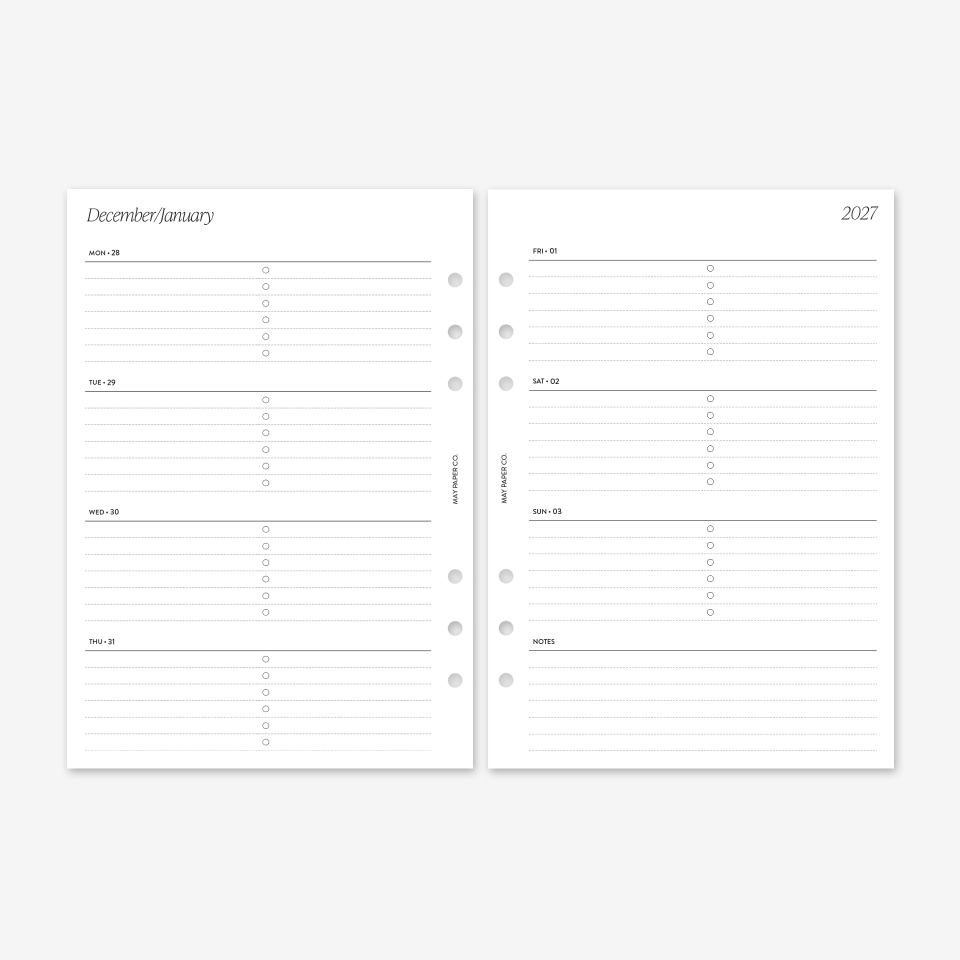 MAY PAPER CO. Ricarica per agenda settimanale 2027, formato A5, settimana su due pagine, per agenda A5 Filofax e LV GM a 6 anelli, 14 x 20,3 cm (orizzontale, a righe con attività)