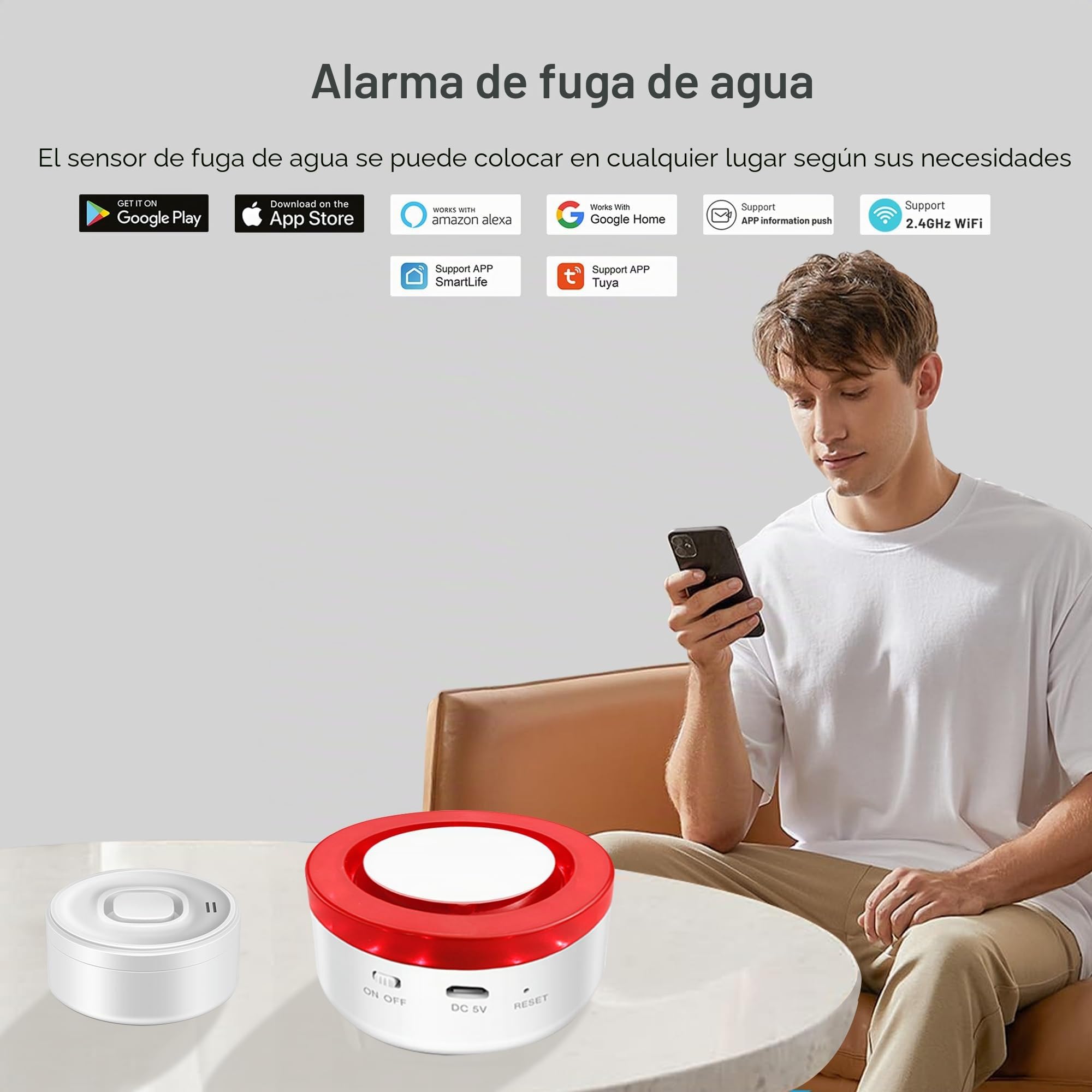 Detector de Fugas de Agua WiFi: Alarma Inteligente con Sensor de Agua, Alarma Ajustable de 100 dB y notificaciones de Aplicaciones para cocinas, sótanos, baños, 3 detectores y 1 estación Base