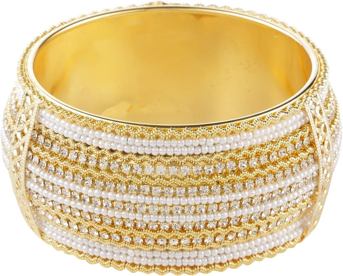 Efulgenz Indian Style Bollywood Gold Tone Faux Pearl Rhinestone Wedding Large Bracelet Bangle Jewelry