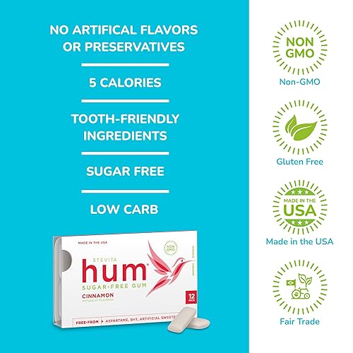 Miniatura 3 de Stevita Hum, canela - Goma de mascar sin azúcar - 12 piezas, paquete de 12 - Apoya la salud oral - Sin OMG, vegetariano, keto, sin gluten - 72