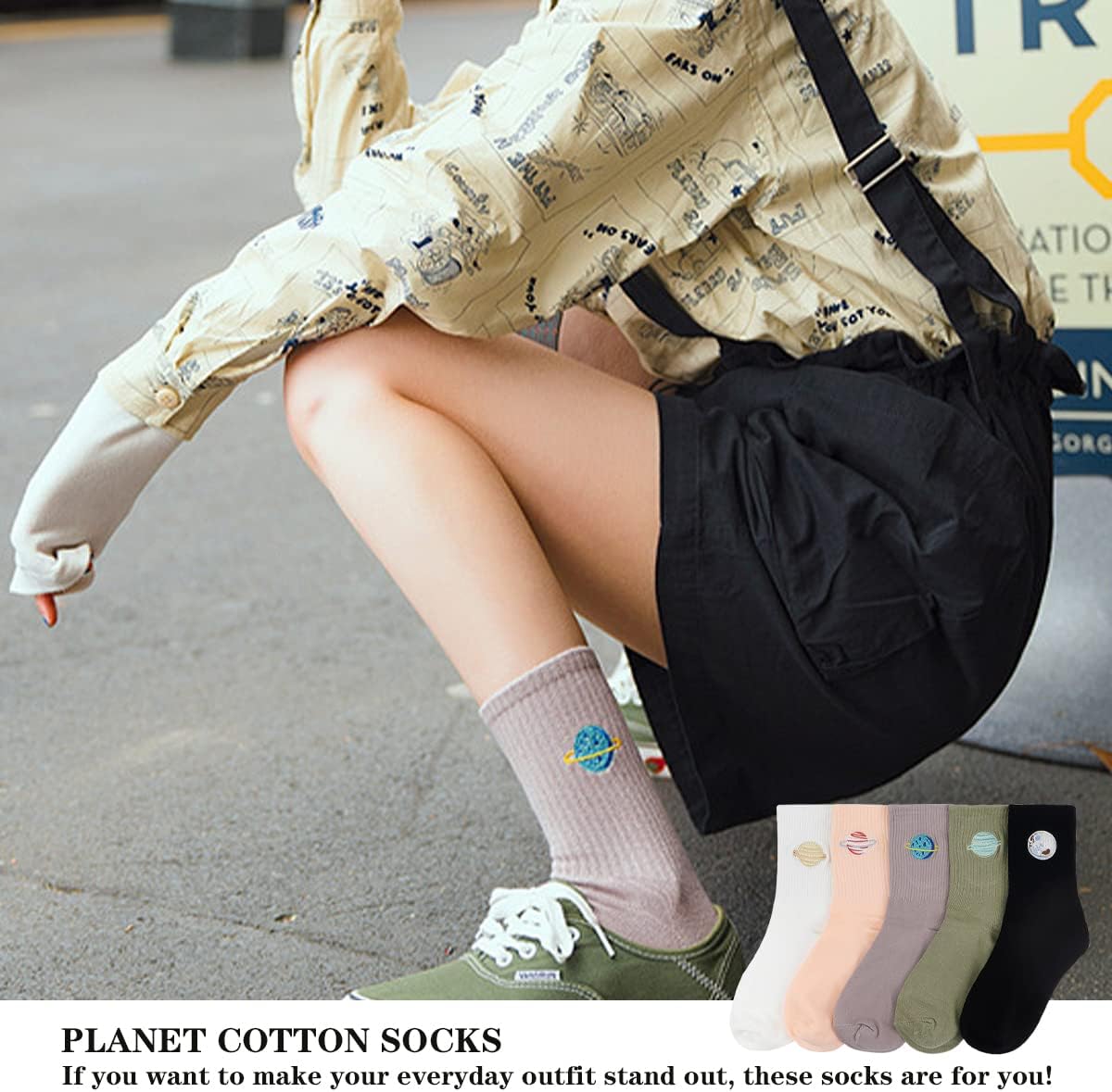 5 Pairs Women Cotton Planet Socks Fashion Embroidered Socks Daily Casual Comfy Breathable Crew Socks for Womens， Girls，Couples (5 colors - Image 7