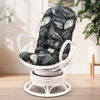 Wickerix Java Swivel Rocking Rattan Wicker Lounge Chair, Handmade White with Black Leaf Cushion - Eco-Friendly Comfort