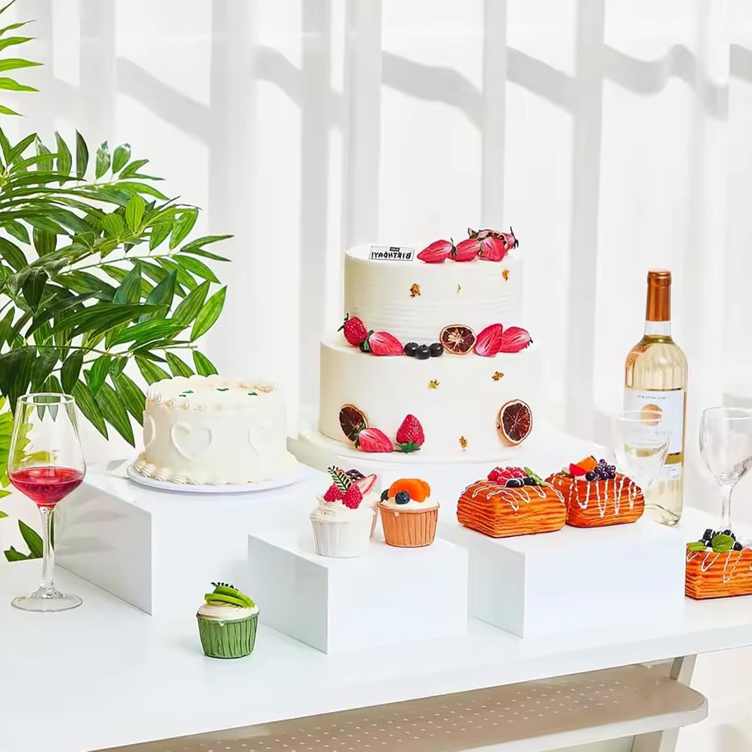 CertBuy 3 Pack Buffet Risers with 3 Signs and 2 Pen, White Food Risers for Buffet Table, Food Display Risers for Party, Acrylic Cube Display Nesting Risers with Hollow Bottoms for Catering Dessert Collectibles Jewelry (Size 8",9",10")