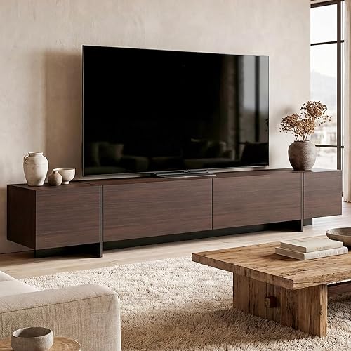 AIEGLE 95.1" W TV Stand with 4 Flip-Down Drawers, Modern Entertainment Center with Storage, Media Console Table TV Cabinet, Dark Brown