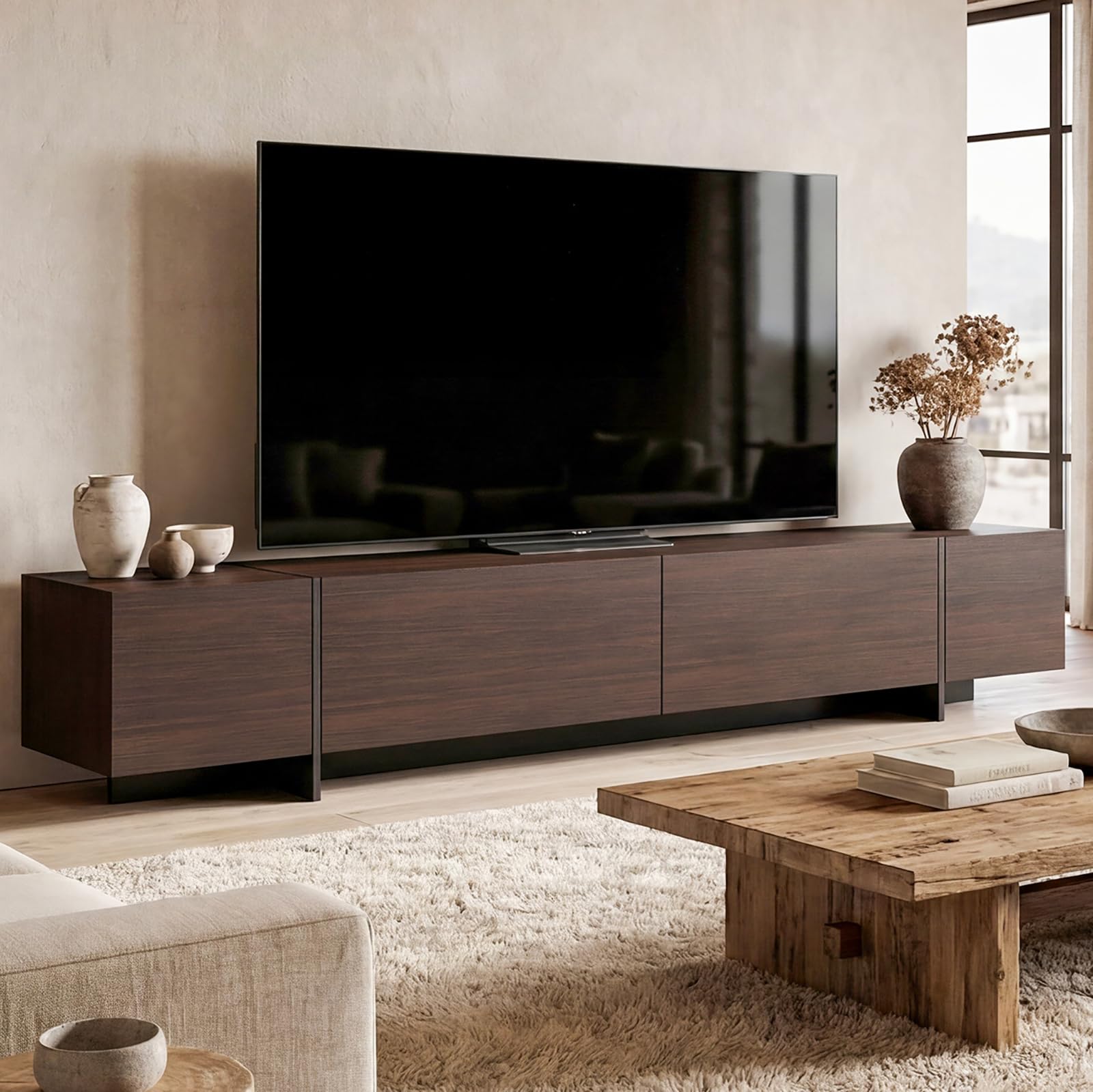 AIEGLE 95.1" W TV Stand with 4 Flip-Down Drawers, Modern Entertainment Center with Storage, Media Console Table TV Cabinet, Dark Brown