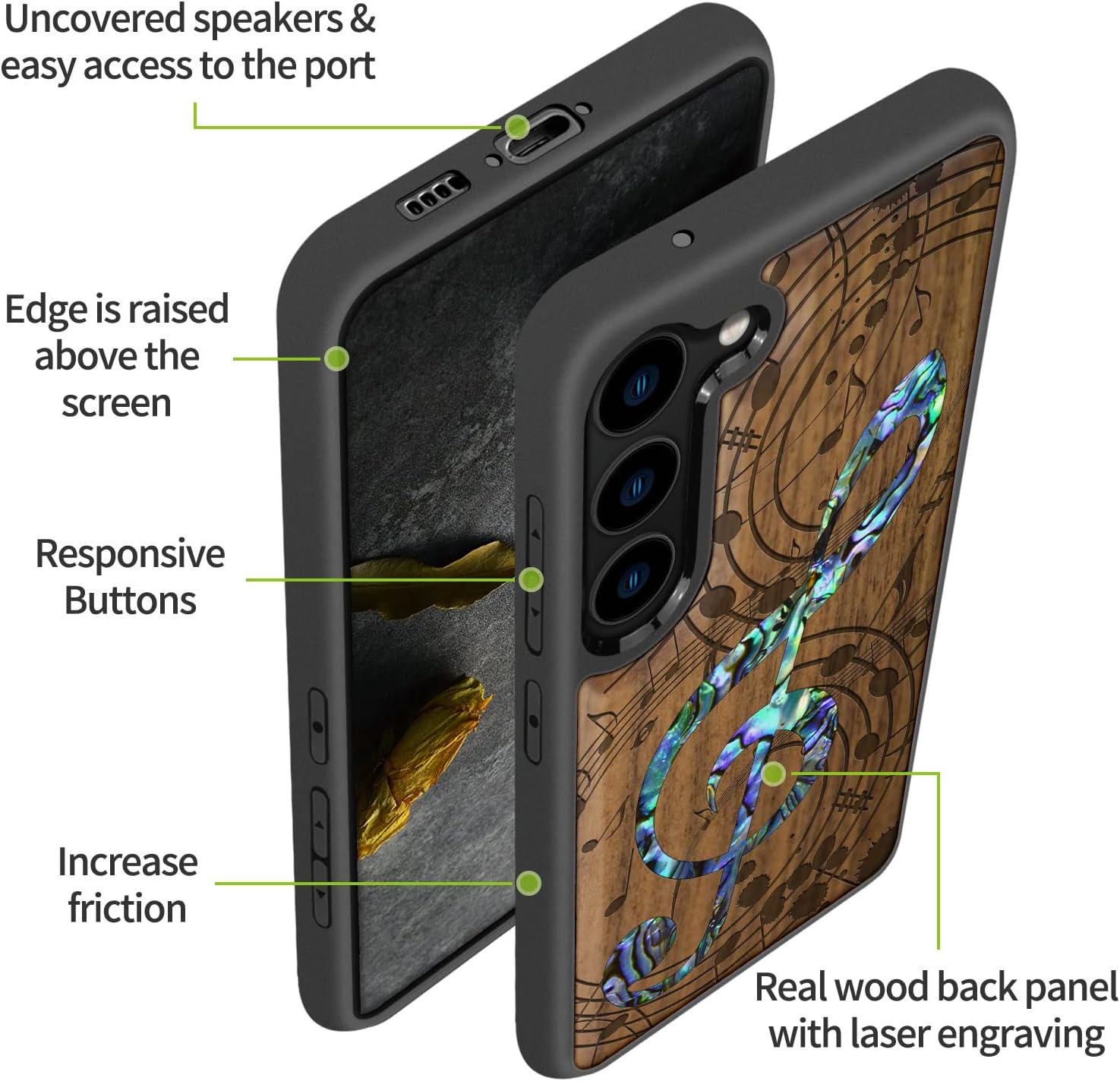 Carveit Designer Wooden Case for Samsung Galaxy S23 Cover [Wood Engraving & Shell Inlay] Unique Wood Phone Case Compatible with Wireless Chargers Galaxy S23 Case (Musical Note-Walnut)