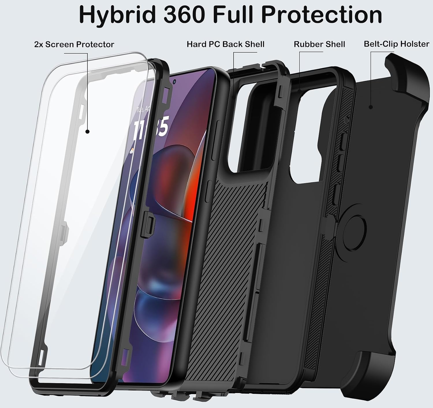 KECAI for Motorola Moto G Stylus 2025 Case with Belt Clip Holster,2X Screen Protector,Heavy Duty Shockproof Drop Protection Military Grade Rugged Full Body Phone Cover with Kickstand (Black)