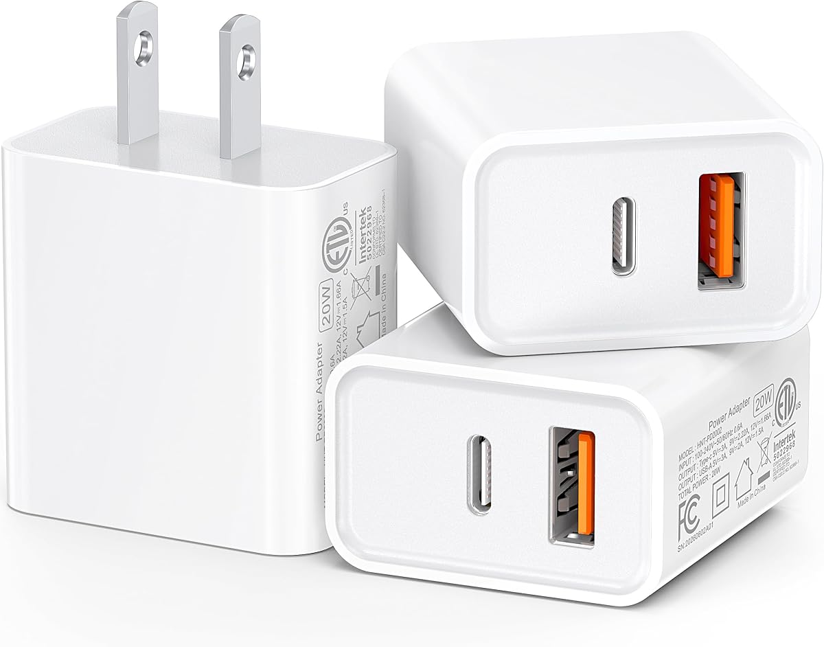 [3 Pack] 20W USB C Charger Block Fast Type C Dual Ports Power Adapter