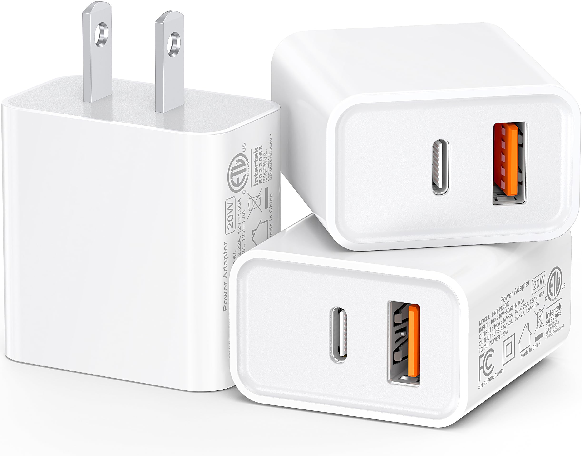 [3 Pack] 20W USB C Charger Block Fast Type C Dual Ports Power Adapter