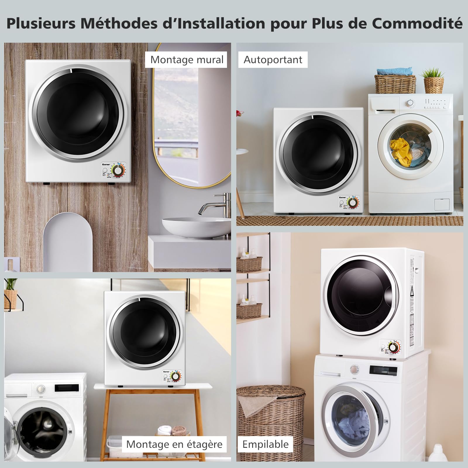 GOPLUS Sèche-Linge Électrique 850W 3 KG 4 Modes de Séchage 2 Niveaux de Chauffage Anti-Froissage Blanc