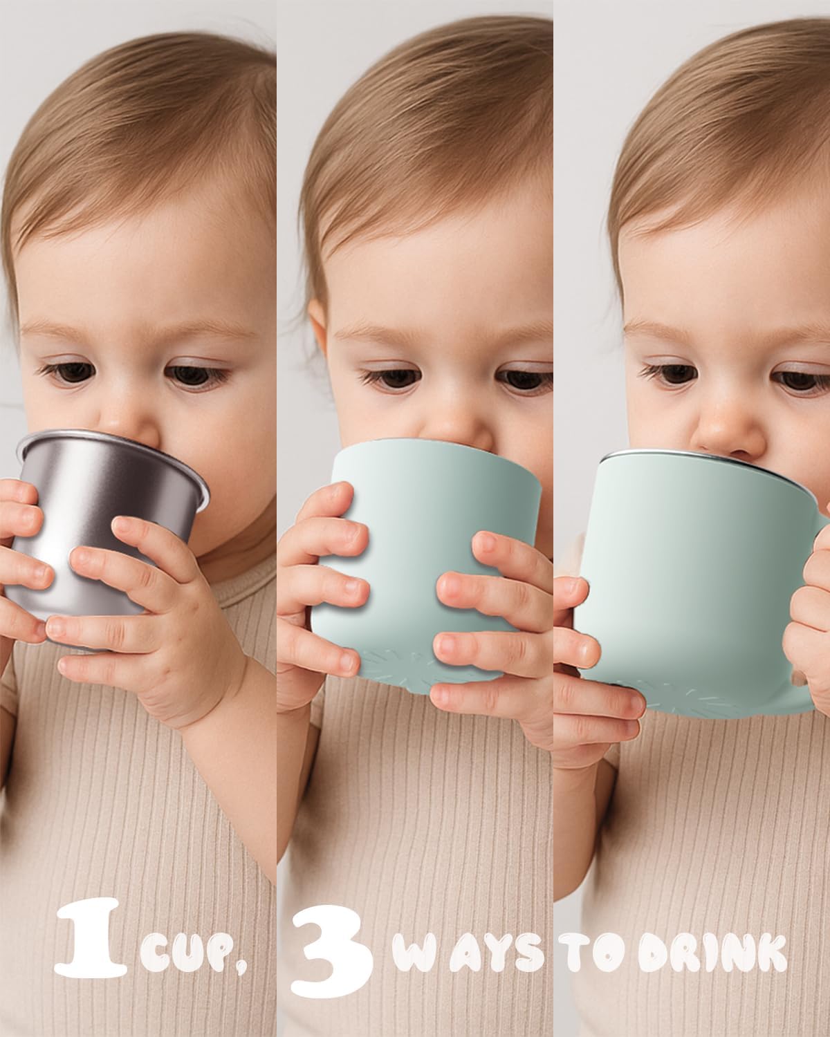 2-IN-1 Open Toddler Cups, Stainless Steel Baby Cup + Silicone Training Cup for Toddlers Kids Babys, No Plastic | No Soap Smell | Shock-Proof Feeding Essentials, 2-Pack Blue/Sage - Image 3