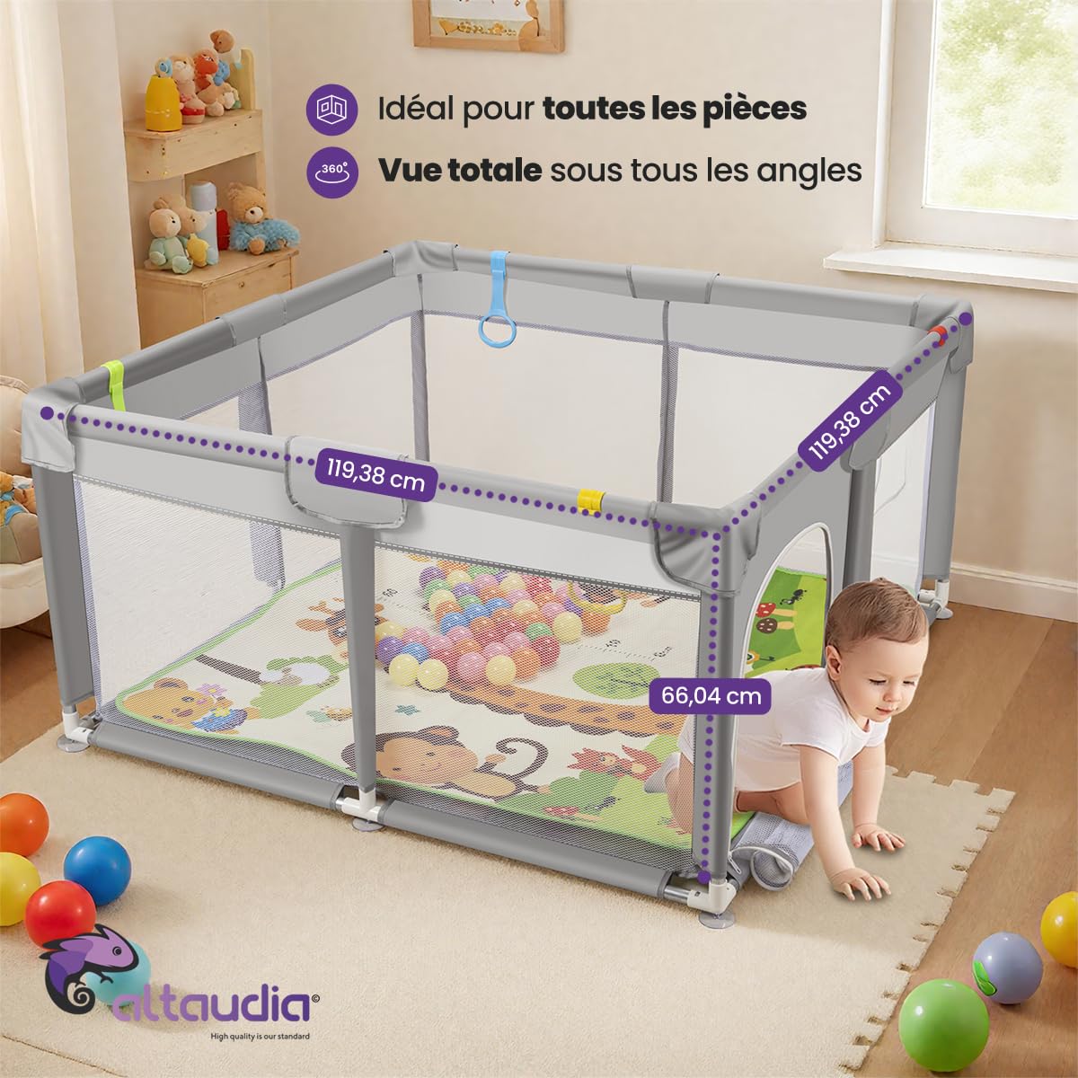 Parc pour bébé 120 x 120 cm + tapis + 50 balles + sacs de transport – avec filet respirant – de jeux amusant pour bébé - Gris
