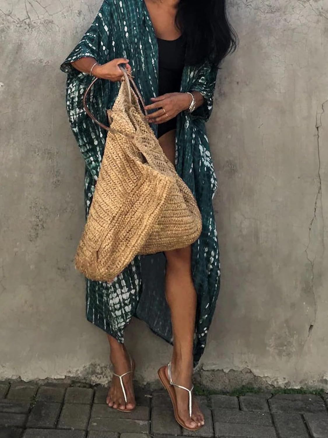 Moss Rose Women Summer Kimono Cardigan Kaftan Cover up Bathing Suit Maxi Beach Vacation Clothes with Belt - Image 5