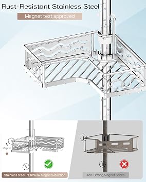 ALLZONE Corner Shower Caddy Tension Pole with 4 Repositionable Hang-On Baskets, Mixed-Height Shelves for Tall Bottles, 8 Dual Hooks & Soap Dish, Rust-Resistant Stainless Steel, Adjustable 34-116 Inch