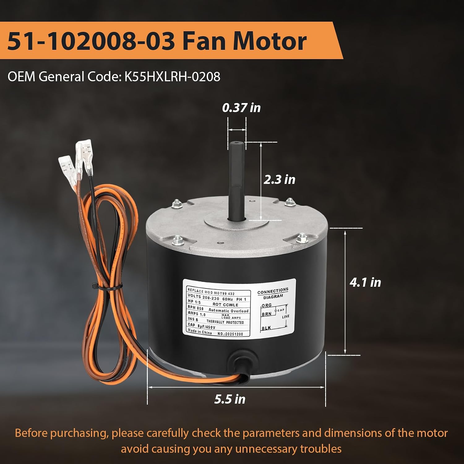 51-102008-03 Fan Motor, Replaces for Rheem 51-102500-04 51-101774-03 Motor | 1/5HP 208-230V 850RPM 1.0A, Replaces Rheem/Weather King/Ruud 51-102008-07 51-102008-31 51-102008-34 K55HXLRH-0824 Fan Motor