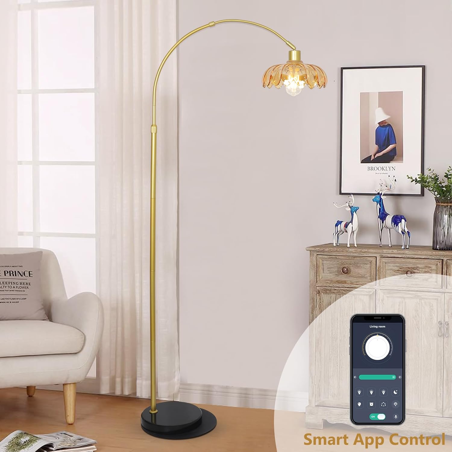 Gold Floor Lamp for Bedroom, Arc Floor Lamp with Remote & LED Bulb, Flower Standing Lamps for Living Room, Glass Corner Tall Lamp, Mid Century Modern Floor Lamps, Arched Stand Up Lamp (Amber)