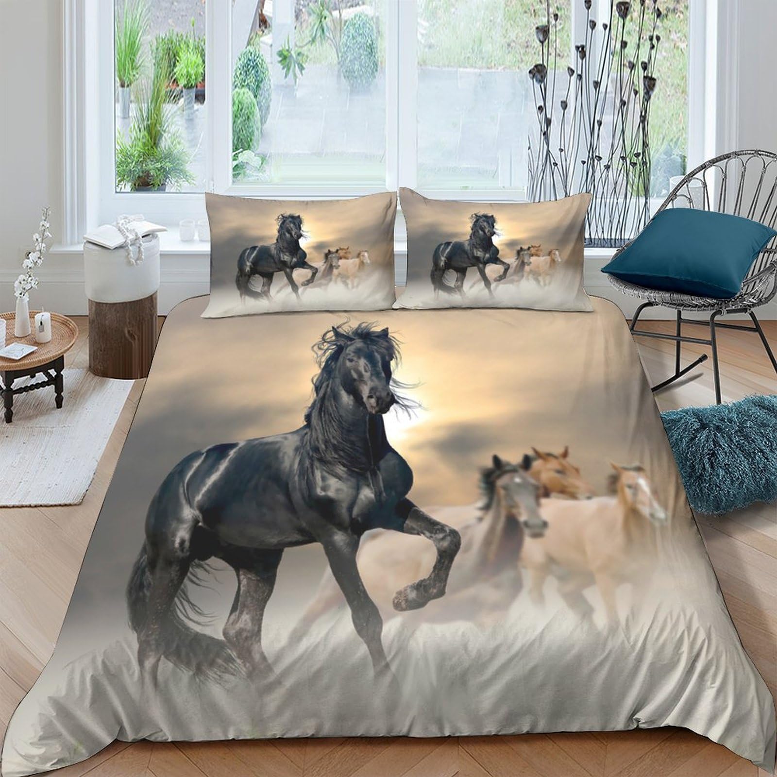 Ctjqhvkz Style-7 3D Printed Black Horse Fitted Sheet Microfiber Soft Grey Wild Horses Mattress Cover For Bedroom Guest Room Decor Single（135X200cm）