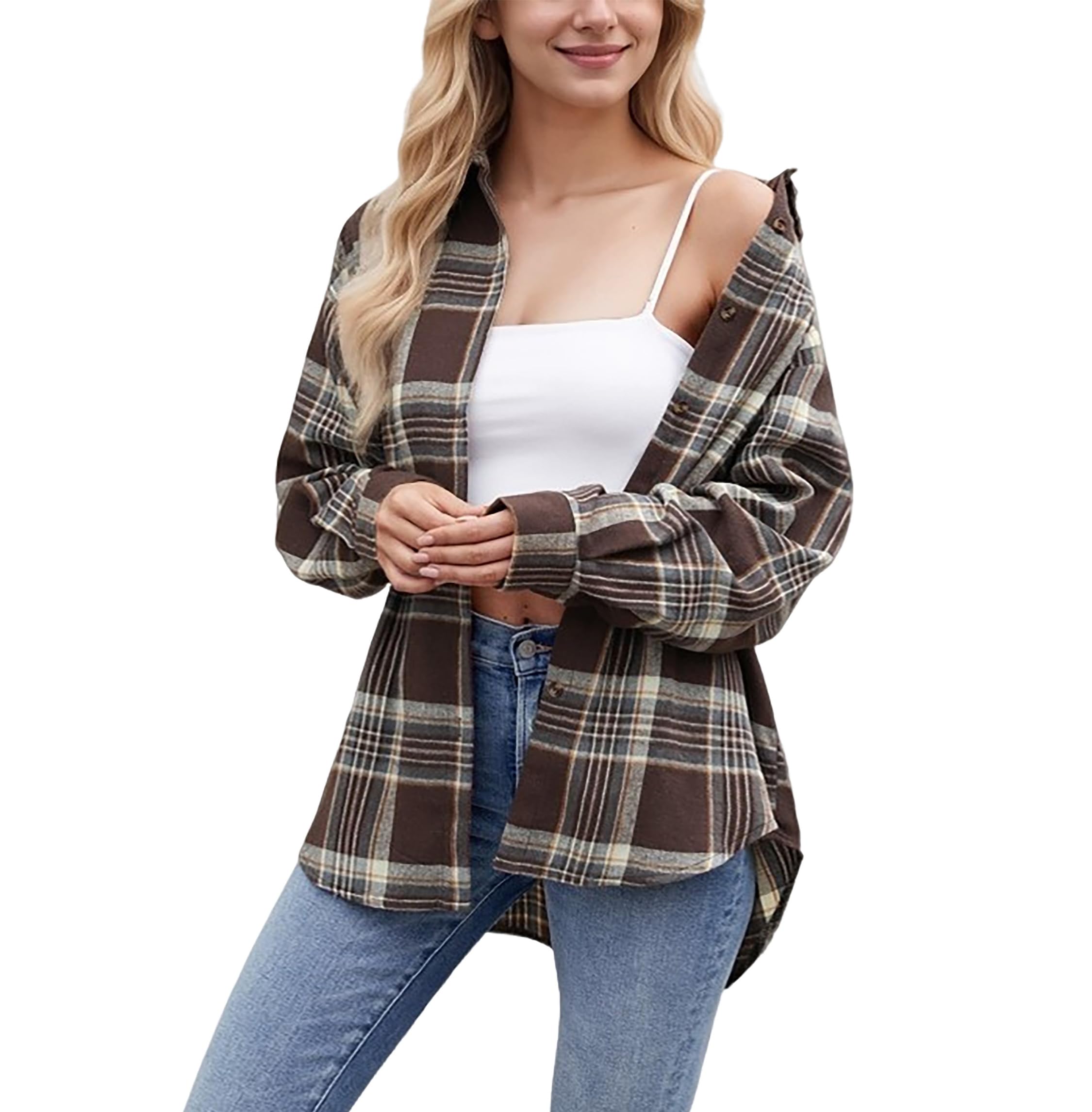 Timuspo Damen Kariertes Hemdbluse Knopfleiste Langarm Oktoberfest Bluse Karo Tunika Casual V-Ausschnitt Oberteile Flanellhemd Tops