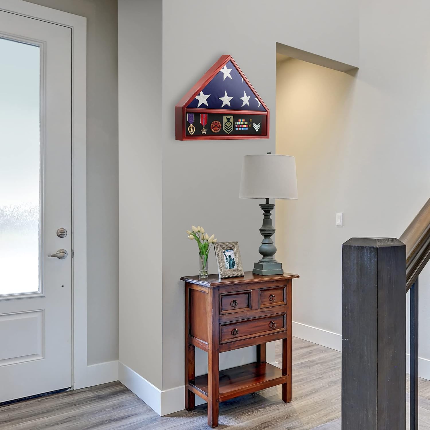 Reminded Military Medal & Burial Flag Shadow Box Display Case with Glass Insert, Mahogany