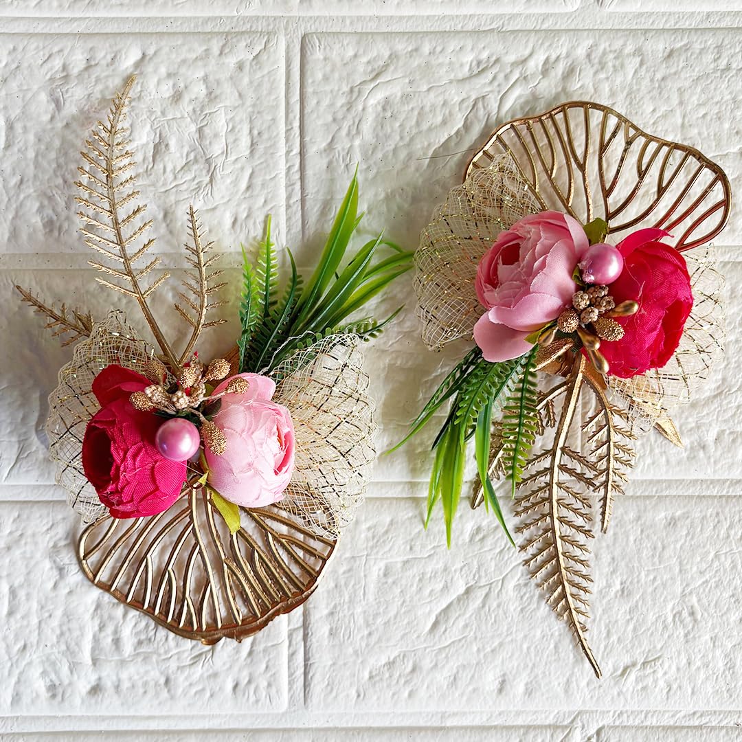 CRAFT SHOP INDIA Peonies Flower Golden Leaf Brooch Hamper, for Decoration, Gifting, Trousseau Packing | Fake Rose Flower Bunch Hamper (6, Rani) 1