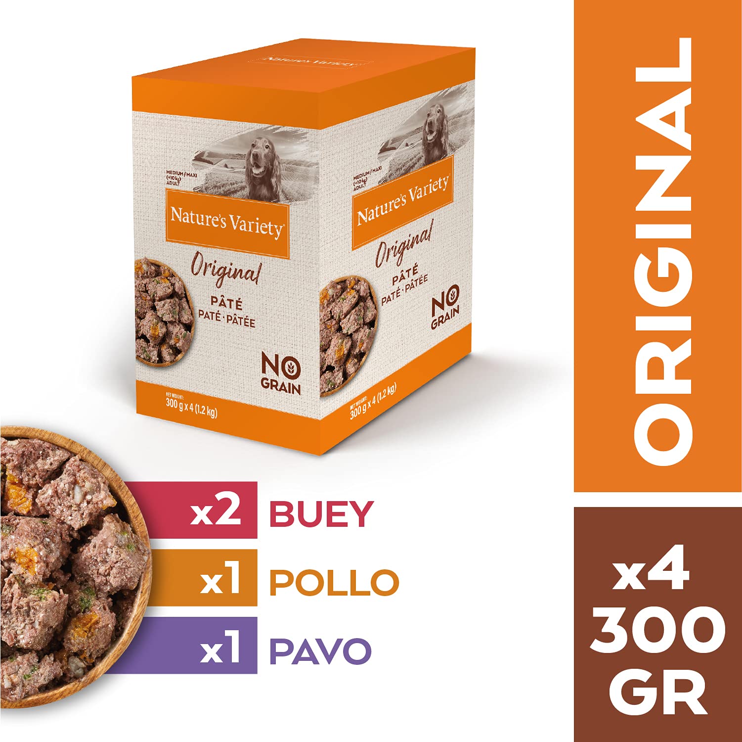 Nature's Variety Original No Grain Pasteten für ausgewachsene Hunde, 4 x 300 g, 4,8 kg