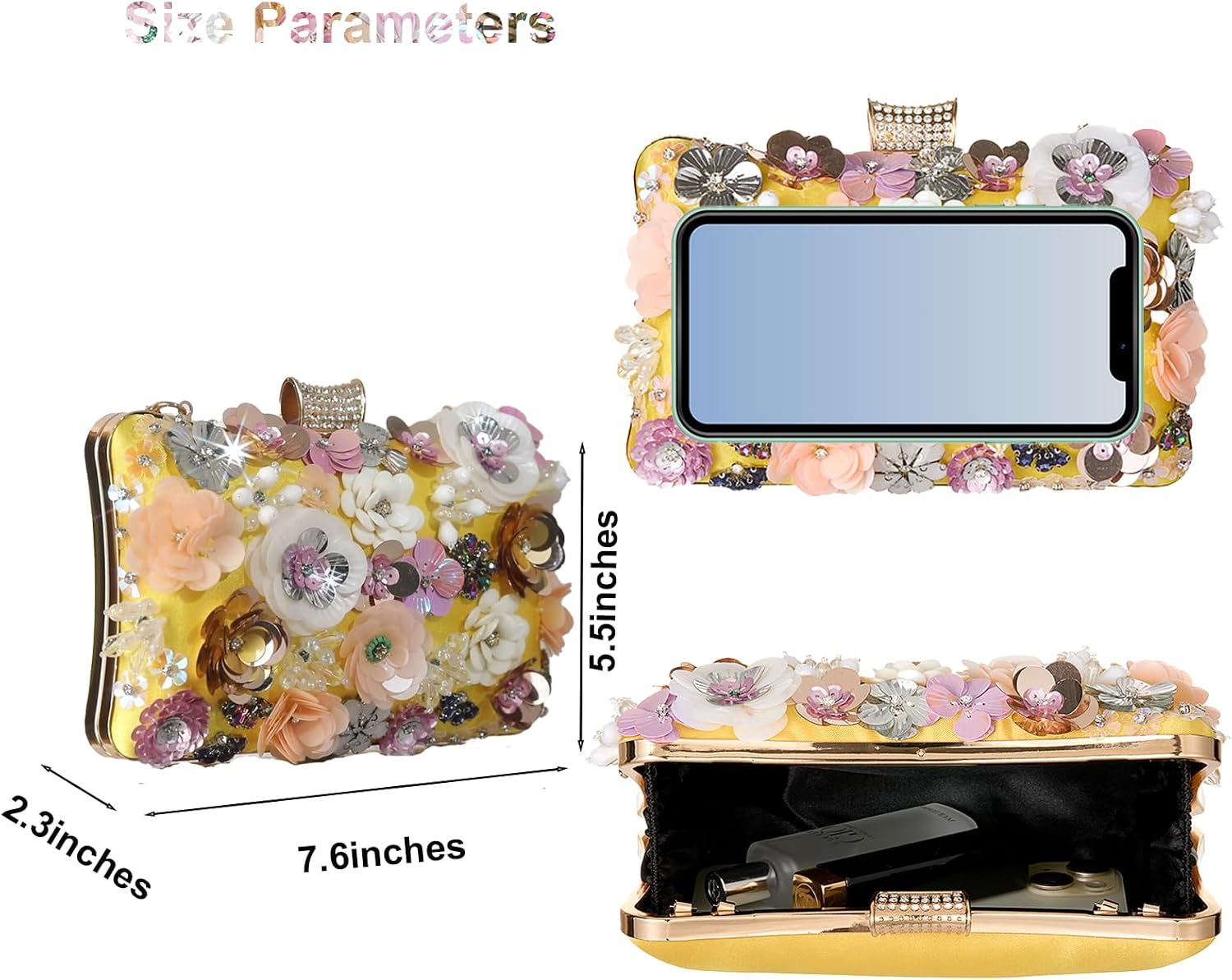 Women's Floral Evening Handbags Colorful Rhinestone Flower Clutch Purses Floral Bride Wedding Handbag Long Chain Shoulder Bag