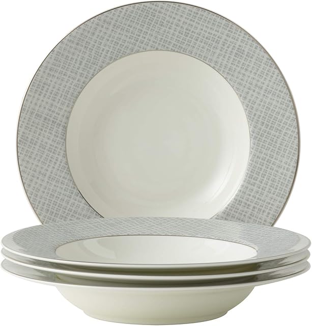 Amazon Brand - Umi Soup Bowl Pasta Plates Set of 4 Classic Pattern with Silvering Banding Premium Porcelain 8.25"