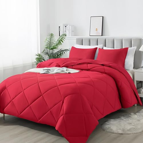 3-Piece Twin Comforter Set,All-Season,Soft & Hypoallergenic &Breathable Bedding,Polyester Quilted,Down Alternative(Comforter*1 & Pillowcases*1),Bright Red