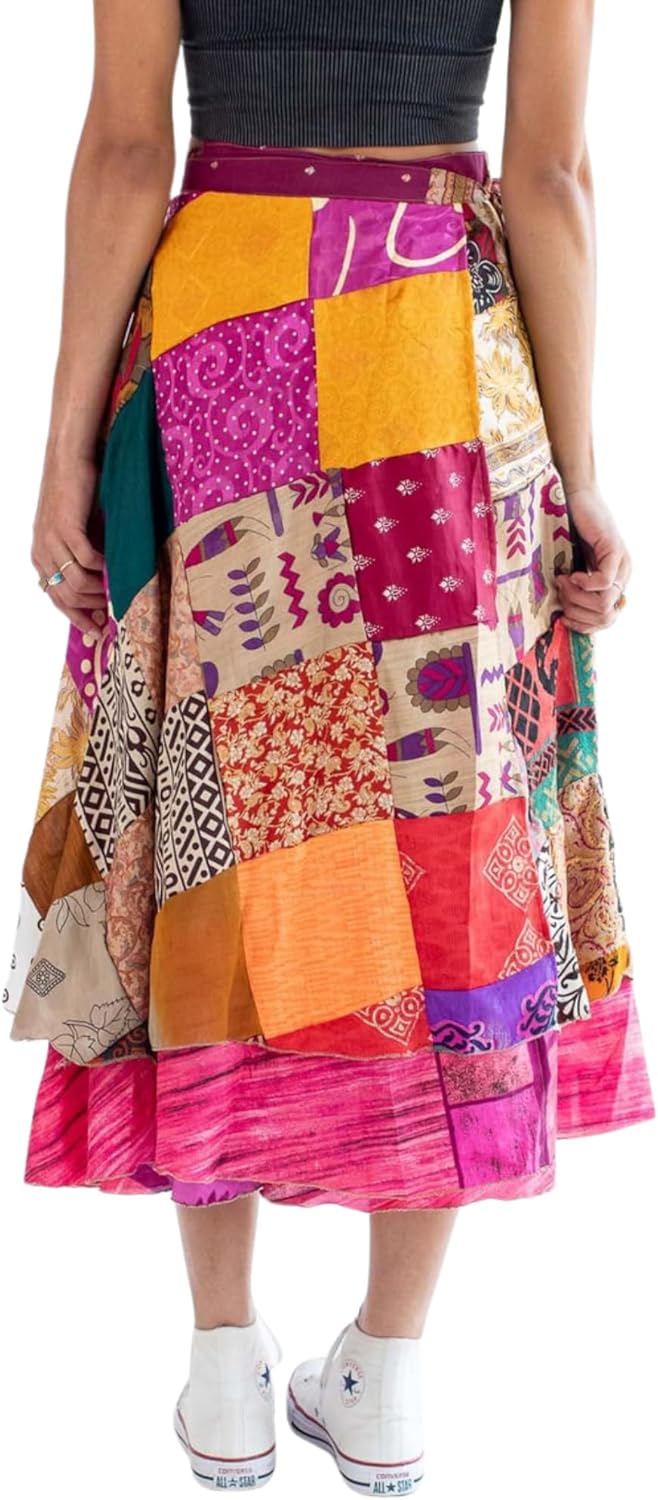 RAJBHOOMI HANDICRAFTS Silk Vintage Patchwork Wraparound Long Skirt - Women's Long Maxi Skirt Boho Skirts Summer Skirts for Women Boho Colorful Maxi Multicolor - Image 6