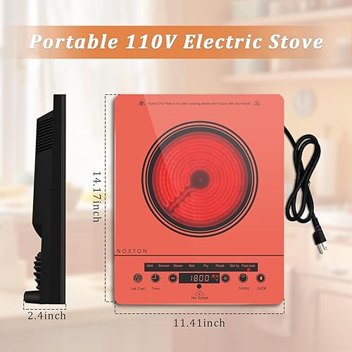 Miniatura 5 de Noxton Estufa eléctrica portátil de 110 V, 1800 W, estufa eléctrica de un solo quemador, placa de cocción eléctrica, temporizador de 4 horas, 9