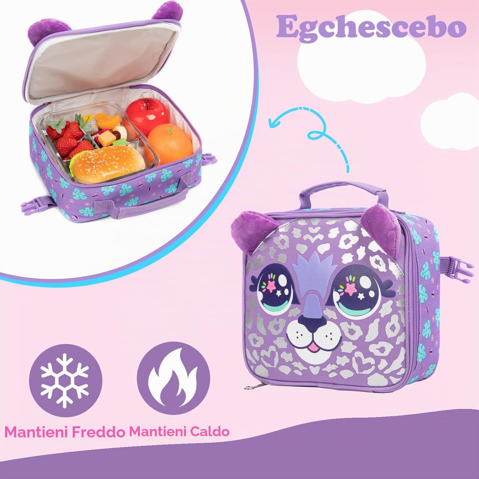 Zaino con Rotelle Bambina Trolley Animale Zainetto Asilo Scuola Elementare Primaria 17” 3PCS Borsa Pranzo Portamatite Media Carrello Ruote Valigia Ragazza per Rullo Valigia da Viaggio Viola
