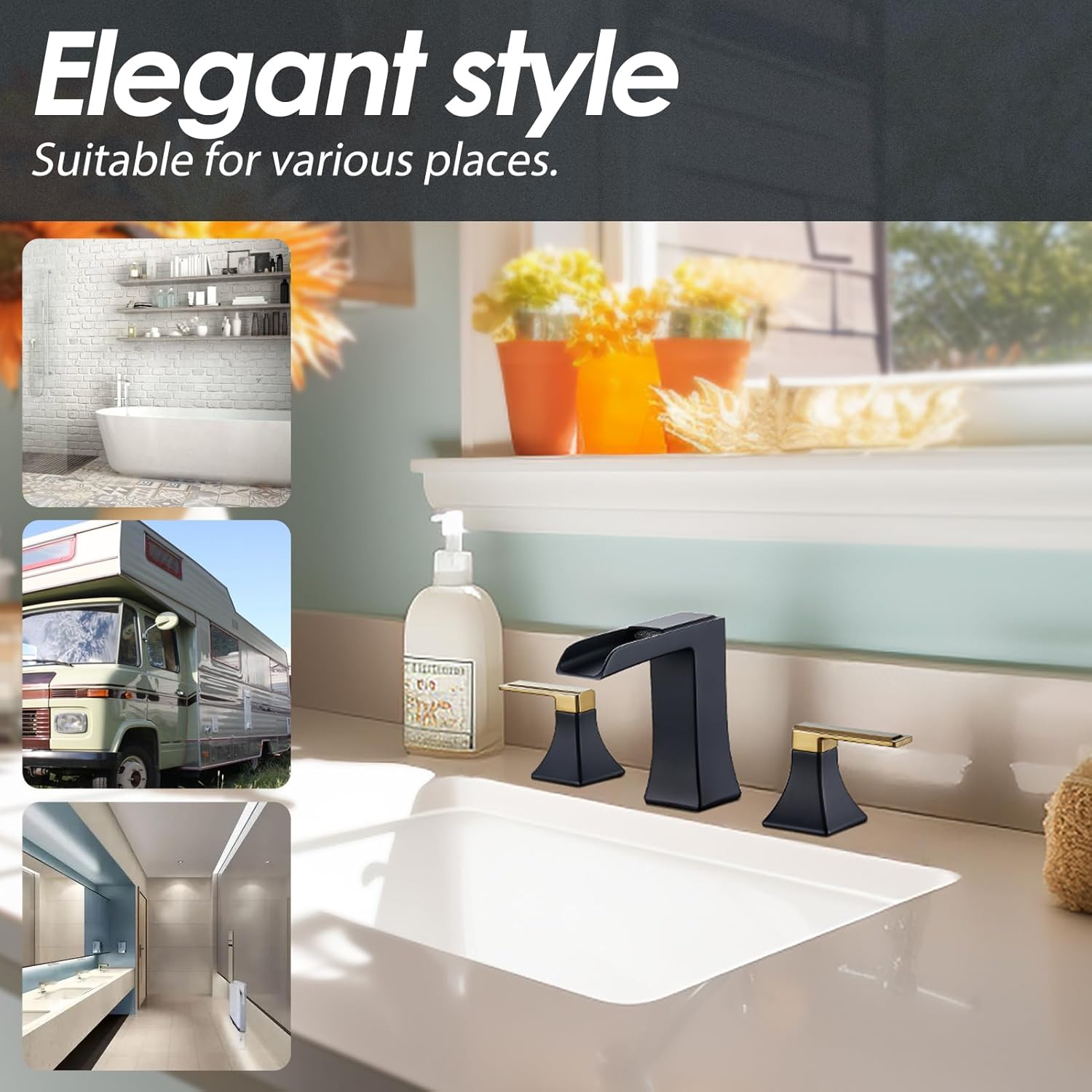 Two-Tone Black and Gold Bathroom Faucet, Sanliv 2-Handle Widespread Bathroom Faucet for 3-Hole Sinks 4-8 Inch, 3-Piece Waterfall Vanity Faucets with Pop-Up Drain, Black and Gold - Image 9