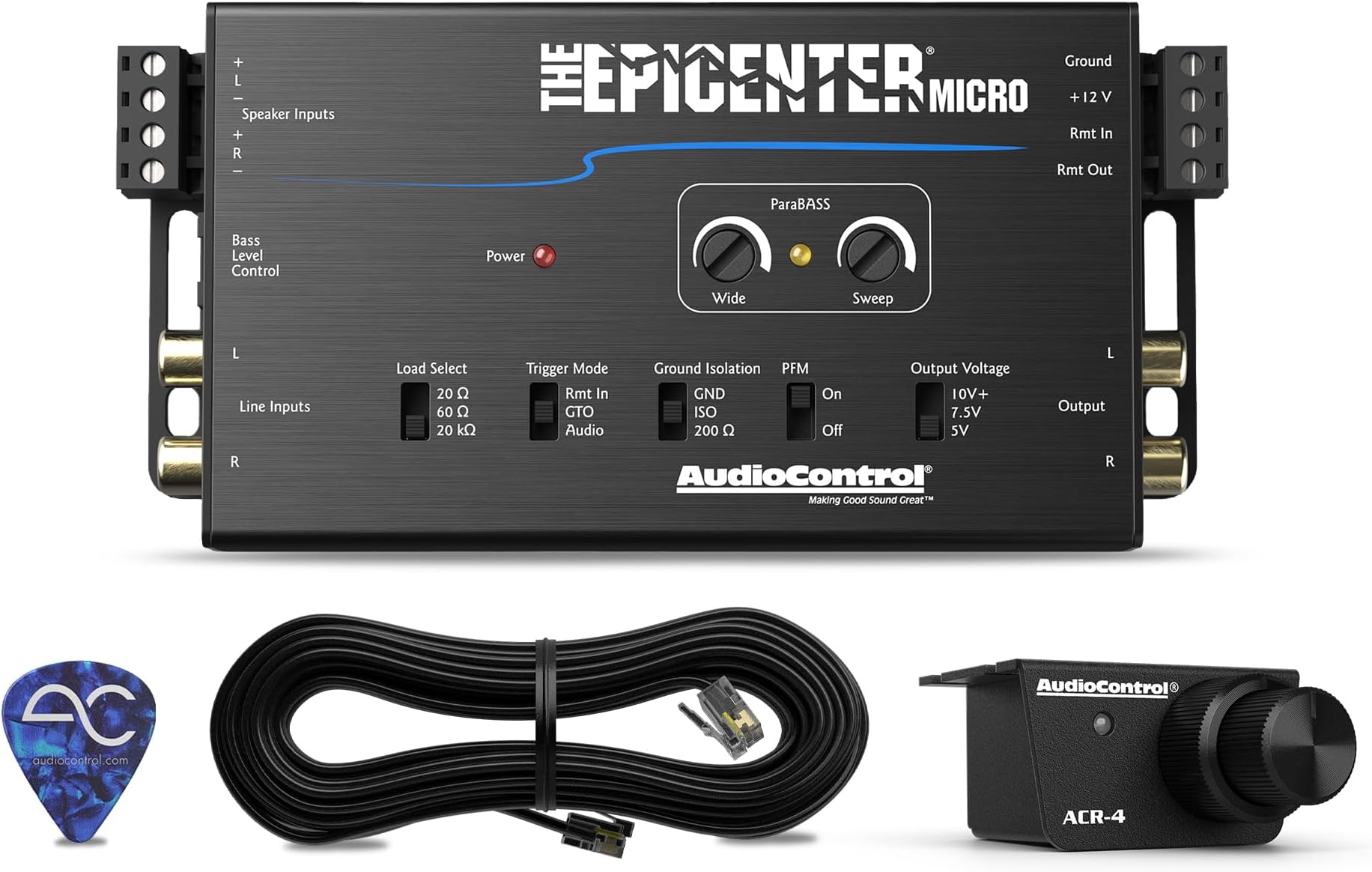 The EPICENTER Micro Bass Restoration Processor & Line Output Converter, Compact Car Audio Bass Booster Enhancer, Line Level & Speaker Level Inputs, Includes Dash Mount Remote Control Knob