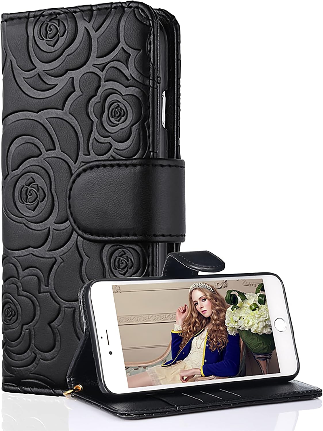 FLYEE Wallet Case Compatible with iPhone 13(2021 Release),Top Grade Leather Wallet Case for Women and Girls with Card Holder,[Embossed Flowers] Premium Flip Case with Wrist Strap-Black