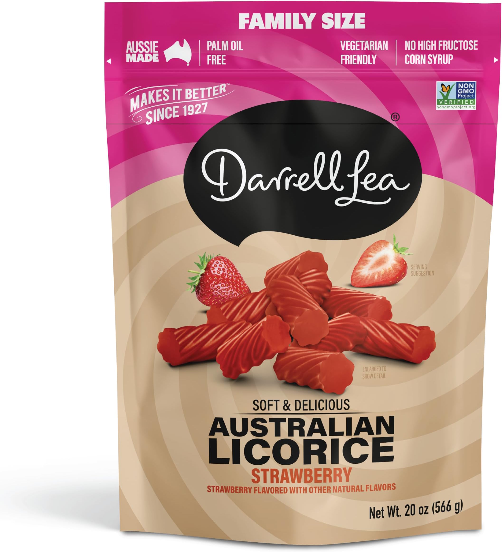 Family Size Soft Australian Licorice, Non-GMO, No Palm Oil, Vegetarian Friendly, No High Fructose Corn Syrup, Soft & Chewy Licorice Candy, Made in Australia (Strawberry, 20 Ounce)
