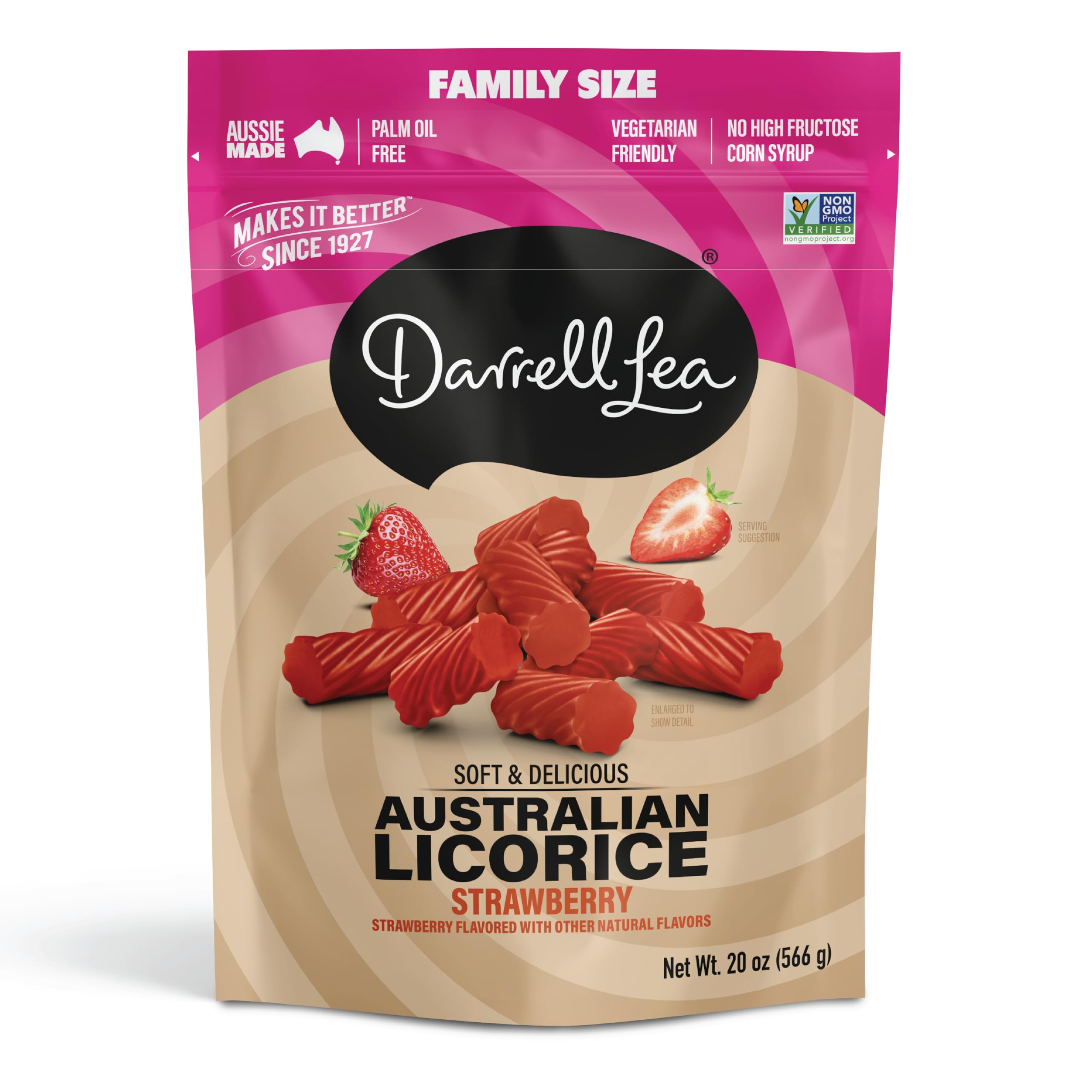 darrell lea family size soft australian licorice, non-gmo, no palm oil, vegetarian friendly, no high fructose corn syrup, soft & chewy licorice candy, made in australia (strawberry, 20 ounce) bb june 2025