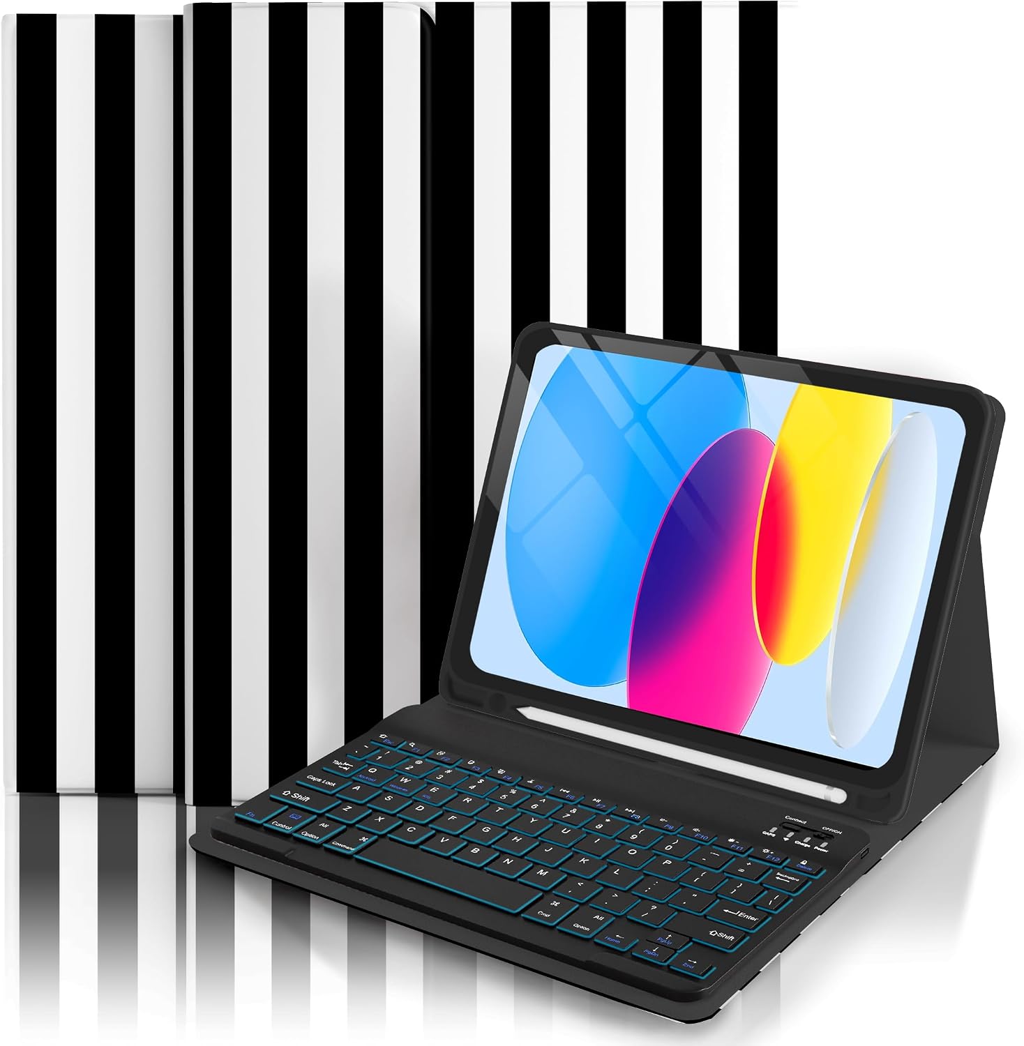 Case Keyboard for iPad Generation 11th (A16) 11'' 2025 / 10th 10.9-inch 2022, Striped Cute Girly Collegiate Style Chic Adorable with Pencil Holder for 10.9'' Case with Keyboard -Blue White